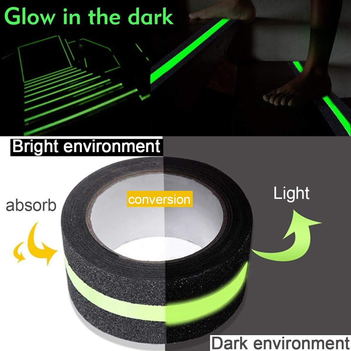 Anti-Skid Tape for Stairs | Black and Glow Tape for Stairs, Floor, and Ramps Heavy Duty Adhesive Non-Slip Tape | Black – Glow 18Mx50MM | Safety Anti Slip tape